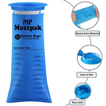 MP MOZZPAK Vomit Bags Disposable – 50 Pack – 1000ml Barf Bags – Leak Resistant, Medical Grade, Portable Emesis Bags, Puke, Throw Up, Nausea Bags for Travel Motion Sickness, Car & Aircraft, Kids, Taxi