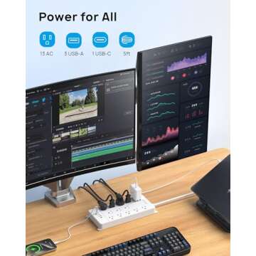 TROND Power Strip Surge Protector - White Extension Cord with USB Ports, 13 Widely-Spaced Outlets Expansion, 5ft, Flat Plug, Under Desk, Wall Mount, Heavy Duty, 4000 Joules, Office, Home, ETL Listed