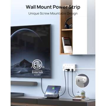 TROND Power Strip Surge Protector - White Extension Cord with USB Ports, 13 Widely-Spaced Outlets Expansion, 5ft, Flat Plug, Under Desk, Wall Mount, Heavy Duty, 4000 Joules, Office, Home, ETL Listed