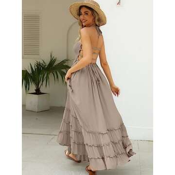 LILLUSORY Women's Smocked Maxi Dresses Summer 2023 Sexy Flowy Beach Long Backless Slip Dress Khaki