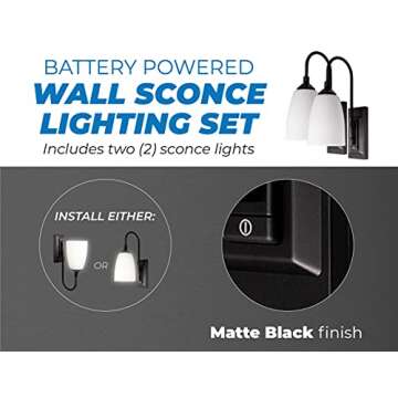 Westek LED Battery Operated 2 Pack - 4 Hour Auto Shut-Off Wireless Wall Sconce, 100 Lumens - Easy Install Battery Powered Sconce Light - Plastic with Matte Black Finish