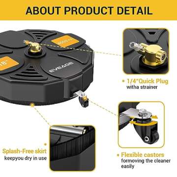 EVEAGE 18" Pressure Washer Surface Cleaner Attachment with Wheels, 4000 PSI Power Washer Accessory with 1/4" Quick-Connect, 2 Extension Wand for Driveways Sidewalks Patios Cleaning, BK18