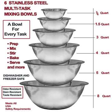 HOMEARRAY Stainless Steel Mixing Bowls (Set of 6) - Mirror finish for Easy to Clean kitchen bowls, N...