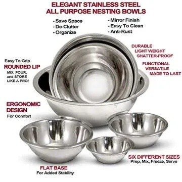 HOMEARRAY Stainless Steel Mixing Bowls (Set of 6) - Mirror finish for Easy to Clean kitchen bowls, Nesting Bowls for Space Saving Storage, Ideal For Cooking, Baking, Serving,Prepping.