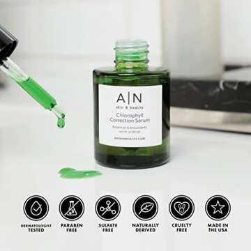 A | N Skin & Beauty Chlorophyll Correction Serum - Cruelty-Free Face Serum with Vitamin C, Hyaluronic Acid, and Hemp Seed Oil - Calming and Hydrating Serum for All Skin Types - 1 fl.oz