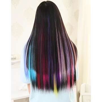 SWACC 22 Pcs Colored Party Highlights Clip on in Hair Extensions Multi-Colors Hair Streak Synthetic Hairpieces (11 Colors 22 Pcs in Set -Straight)