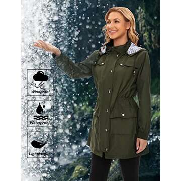 Bloggerlove Raincoat for Women Waterproof Rain Jacket Hooded Trench Coat with Two Side Pockets Army Green S