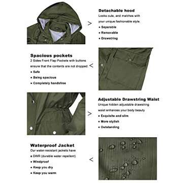Bloggerlove Raincoat for Women Waterproof Rain Jacket Hooded Trench Coat with Two Side Pockets Army Green S