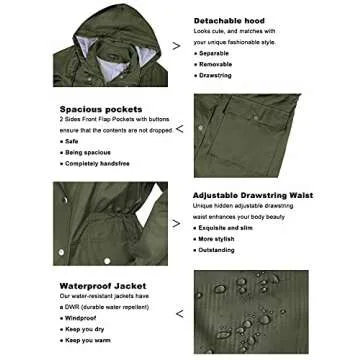 Bloggerlove Raincoat for Women Waterproof Rain Jacket Hooded Trench Coat with Two Side Pockets Army Green S
