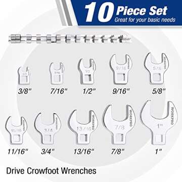 WORKPRO 3/8" Drive Crowfoot Wrench Set, 10-Piece SAE Crowfoot Wrench with Clip-on Organizer, 3/8”-1”, Great for Automotive Repair Work Hard-To-Reach Areas