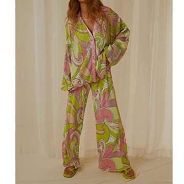 NUFIWI Women Y2K 2 Piece Pants Set Oversized Floral Printed Button Down Shirt High Waist Pants Outfi...