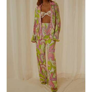 NUFIWI Women Y2K 2 Piece Pants Set Oversized Floral Printed Button Down Shirt High Waist Pants Outfits Summer Streetwear (A Floral Green, Small)