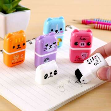 Cute 24 Pack Pencil Erasers with Roller Case
