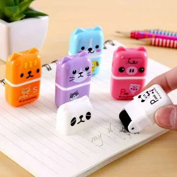 Cute 24 Pack Pencil Erasers with Roller Case