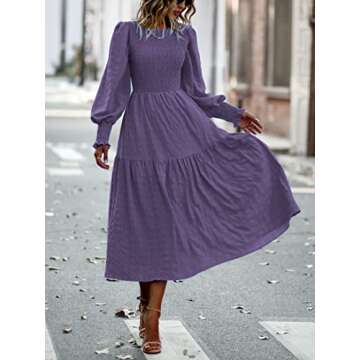 PRETTYGARDEN Women 2024 Puff Long Sleeve Crewneck Smocked Maxi Dress Solid Empire Waist Tiered A-lin...