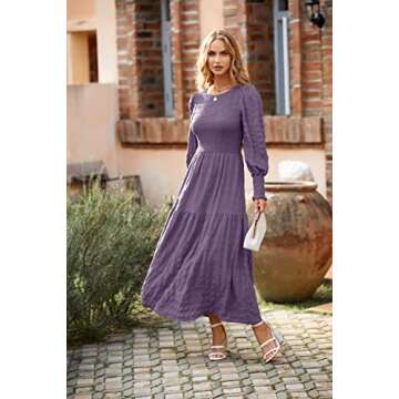 PRETTYGARDEN Women 2024 Puff Long Sleeve Crewneck Smocked Maxi Dress Solid Empire Waist Tiered A-line Swing Flowy Long Dress(Purple,X-Large)