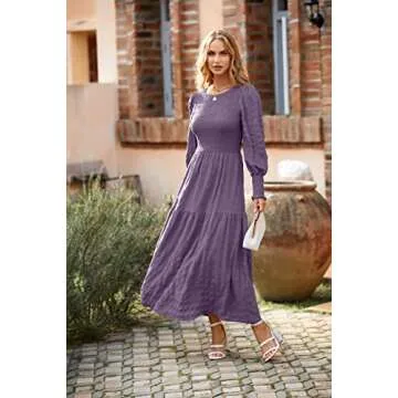 PRETTYGARDEN Women 2024 Puff Long Sleeve Crewneck Smocked Maxi Dress Solid Empire Waist Tiered A-line Swing Flowy Long Dress(Purple,X-Large)