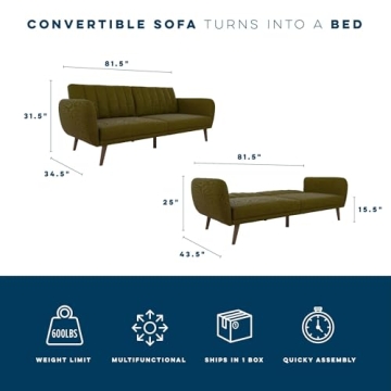 Novogratz Brittany Sofa Futon in Green Linen Upholstery