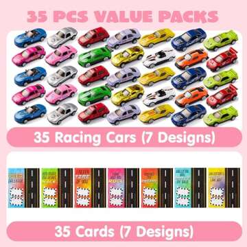 JOYIN 35 Valentines Day Die-Cast Racing Cars Gift Cards for Kids with Valentine’s School Classroom...