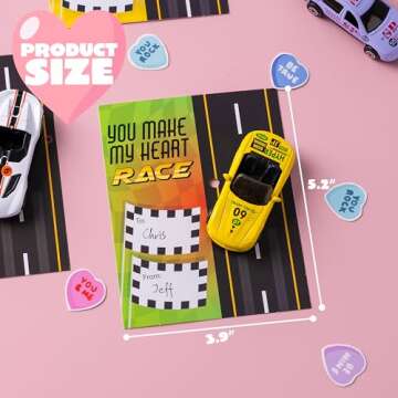 JOYIN 35 Valentines Day Die-Cast Racing Cars Gift Cards for Kids with Valentine’s School Classroom Exchange Greeting Cards, Vehicle Party Favor Toy Supplies