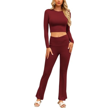 Sugsew Lounge Sets For Women with Fold-Over Flare Pants,Long Sleeve Cropped Top - Comfortable Casual...
