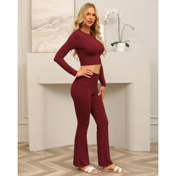Sugsew Lounge Sets For Women with Fold-Over Flare Pants,Long Sleeve Cropped Top - Comfortable Casual Outfit and Pajamas