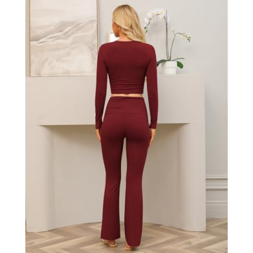 Sugsew Lounge Sets For Women with Fold-Over Flare Pants,Long Sleeve Cropped Top - Comfortable Casual Outfit and Pajamas