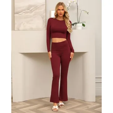 Sugsew Lounge Sets For Women with Fold-Over Flare Pants,Long Sleeve Cropped Top - Comfortable Casual Outfit and Pajamas