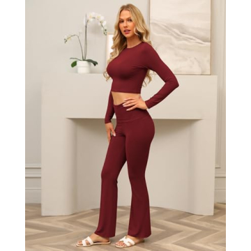Sugsew Lounge Sets For Women with Fold-Over Flare Pants,Long Sleeve Cropped Top - Comfortable Casual Outfit and Pajamas