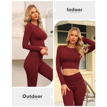 Sugsew Lounge Sets For Women with Fold-Over Flare Pants,Long Sleeve Cropped Top - Comfortable Casual Outfit and Pajamas