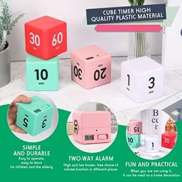 Weewooday 4 Pieces Cube Timer Gravity Sensor Flip Digital Workout Timer Cube for Management Duration Home Kitchen Study, 1 3 5 10 Minutes and 15 20 30 60 Minutes (White, Red, Pink, Green)