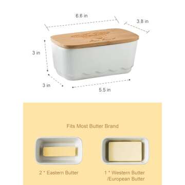 YHOJOY Covered Butter Dish for Countertop, Ceramic Butter Dish with Wooden Lid Airtight Butter Holde...