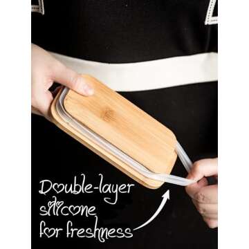 YHOJOY Covered Butter Dish for Countertop, Ceramic Butter Dish with Wooden Lid Airtight Butter Holder Container, Vintage HoneyBee Kitchen Decor, White