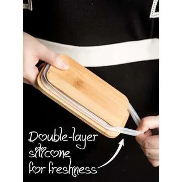 YHOJOY Covered Butter Dish for Countertop, Ceramic Butter Dish with Wooden Lid Airtight Butter Holder Container, Vintage HoneyBee Kitchen Decor, White