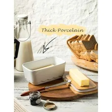 YHOJOY Covered Butter Dish for Countertop, Ceramic Butter Dish with Wooden Lid Airtight Butter Holder Container, Vintage HoneyBee Kitchen Decor, White