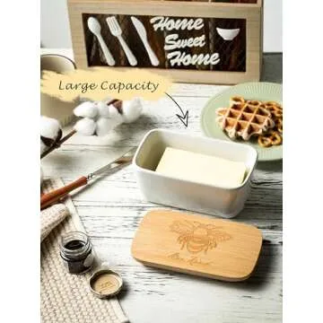 YHOJOY Covered Butter Dish for Countertop, Ceramic Butter Dish with Wooden Lid Airtight Butter Holder Container, Vintage HoneyBee Kitchen Decor, White