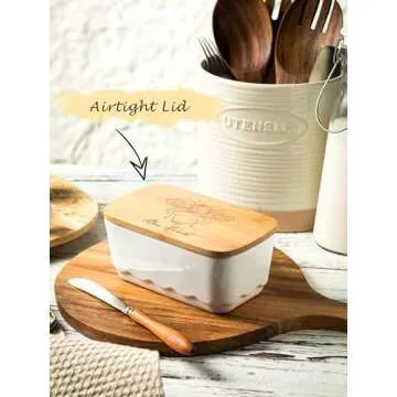 YHOJOY Covered Butter Dish for Countertop, Ceramic Butter Dish with Wooden Lid Airtight Butter Holder Container, Vintage HoneyBee Kitchen Decor, White