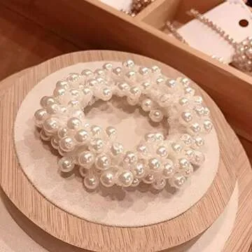 (4 PACK) Pearl Hair Ties White Weave Hair Scrunchies Stretch Hair Rope Accessories for Women and Girls