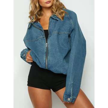 Tankaneo Women's Oversized Denim Jacket - Casual Zip Up with Pockets