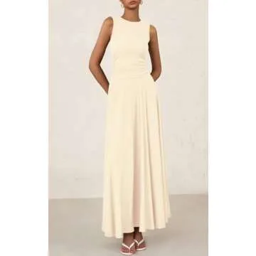 PRETTYGARDEN Womens Spring Dresses 2025 Casual Sleeveless Crewneck Aline Maxi Dress Stretch Tank Flowy Long Dresses (Beige, X-Large)