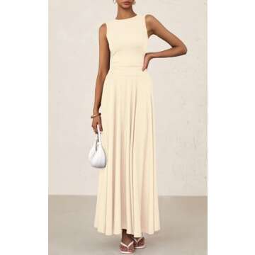 PRETTYGARDEN Womens Spring Dresses 2025 Casual Sleeveless Crewneck Aline Maxi Dress Stretch Tank Flowy Long Dresses (Beige, X-Large)