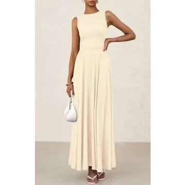 PRETTYGARDEN Womens Spring Dresses 2025 Casual Sleeveless Crewneck Aline Maxi Dress Stretch Tank Flowy Long Dresses (Beige, X-Large)
