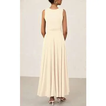 PRETTYGARDEN Womens Spring Dresses 2025 Casual Sleeveless Crewneck Aline Maxi Dress Stretch Tank Flowy Long Dresses (Beige, X-Large)