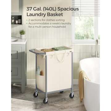 SONGMICS Laundry Basket with Wheels, 2-Section Rolling Laundry Hamper, 37 Gallons (140L), Removable Liner, Steel Frame with Handle, Blanket Storage, 27.2 x 15.4 x 31.9 Inches, Cream White URLS004W01
