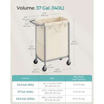 SONGMICS Laundry Basket with Wheels, 2-Section Rolling Laundry Hamper, 37 Gallons (140L), Removable Liner, Steel Frame with Handle, Blanket Storage, 27.2 x 15.4 x 31.9 Inches, Cream White URLS004W01