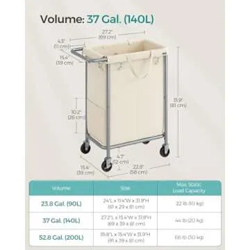 SONGMICS Laundry Basket with Wheels, 2-Section Rolling Laundry Hamper, 37 Gallons (140L), Removable Liner, Steel Frame with Handle, Blanket Storage, 27.2 x 15.4 x 31.9 Inches, Cream White URLS004W01