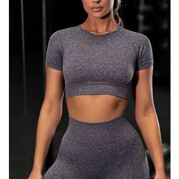 OQQ Women's 3 Piece Crop Top Seamless Workout Running Short Sleeve Sports T-Shirt DarkGreen Grey Blue