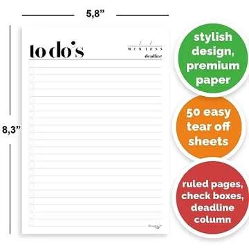 HADIGU To Do List Notepad A5 Size (8.3"x5.8") Premium Thick Paper With Cardboard Back Support, Undated Daily Planner Notepad, Daily To Do List Notebook, Ruled Pages, Checkboxes, Deadline Column.