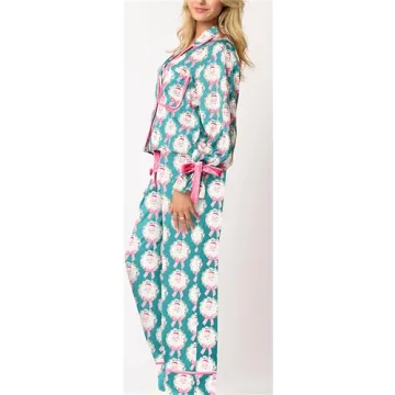 Thopavenoir Women 2 Piece Christmas Pajamas Set Cute Bow Tie Long Sleeve Button Down Shirt High Waist Wide Leg Pants Pj Set (Blue #B, L)