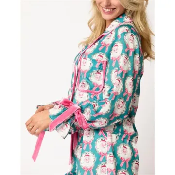 Thopavenoir Women 2 Piece Christmas Pajamas Set Cute Bow Tie Long Sleeve Button Down Shirt High Waist Wide Leg Pants Pj Set (Blue #B, L)